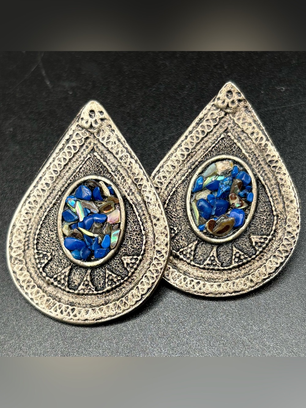 Vintage Silver Tone Statement Teardrop Stud Earrings Mosaic Chip Inlay